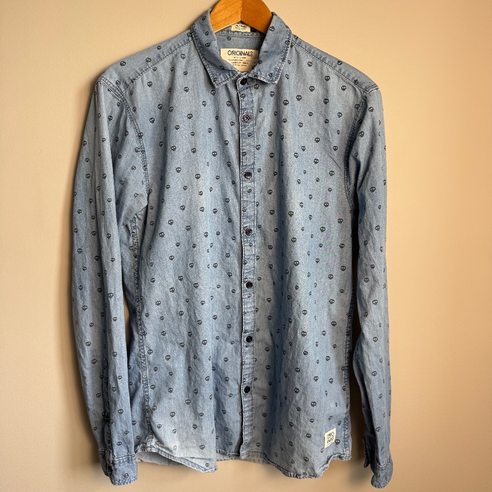 Originals Jack‎ & Jones Men's Allover Skull Long Sleeve Button Up Shirt Blue M